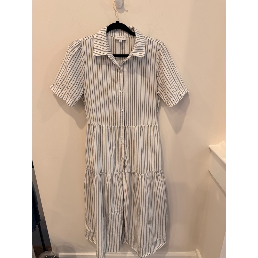 Evereve Striped Tiered Midi Shirtdress Short Puff Sleeve White Navy Blue Small